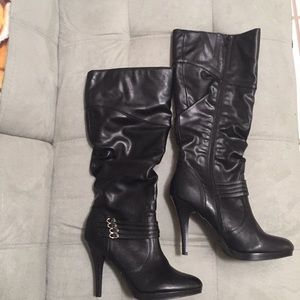 Black, over calf, high heeled zip-side BOOTS